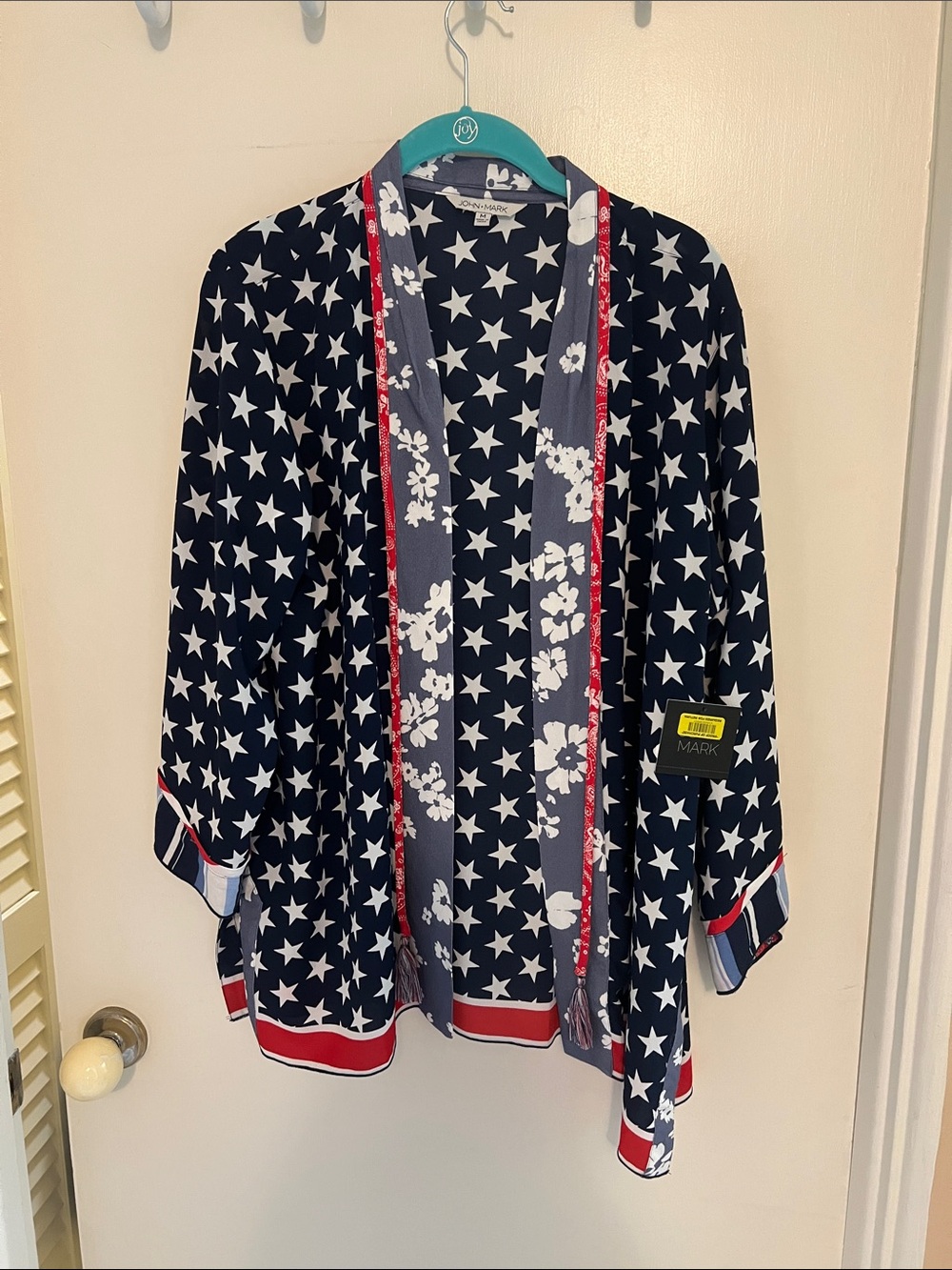 John Mark Navy Star Print Kimono Jacket with Red Trim and Floral Inset